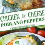 Stuffed poblano peppers on a baking sheet and on top of mexican rice pinterest pin.