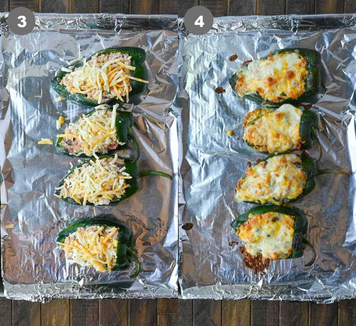 Stuffed poblano peppers on a baking sheet then baked.