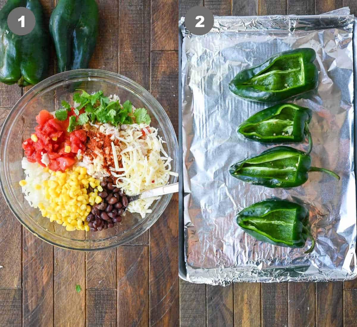 All the filling ingredients in a bowl and then cut peppers on a baking sheet.