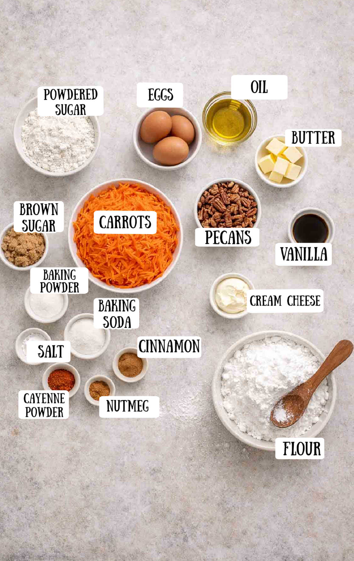 A photo of all of the ingredients needed for this carrot cake