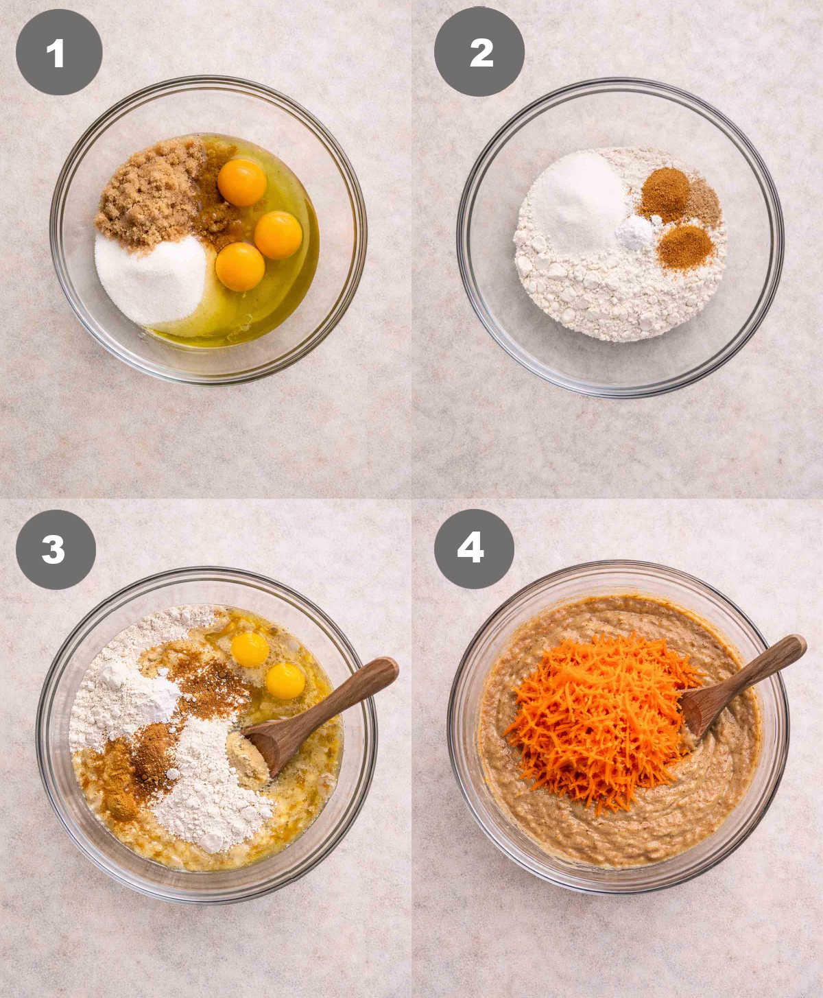 Wet ingredients in a bowl, dry ingredients in a bowl then mixed together and baked.