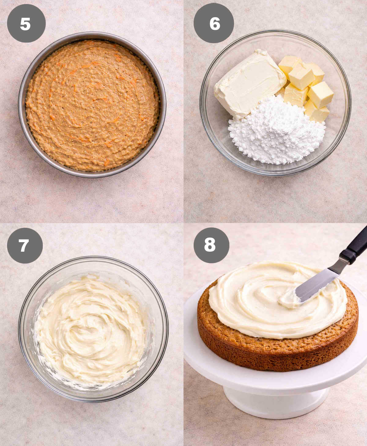 Baked carrot cake in a pan, then frosting mixed in a bowl and spread on a cake.