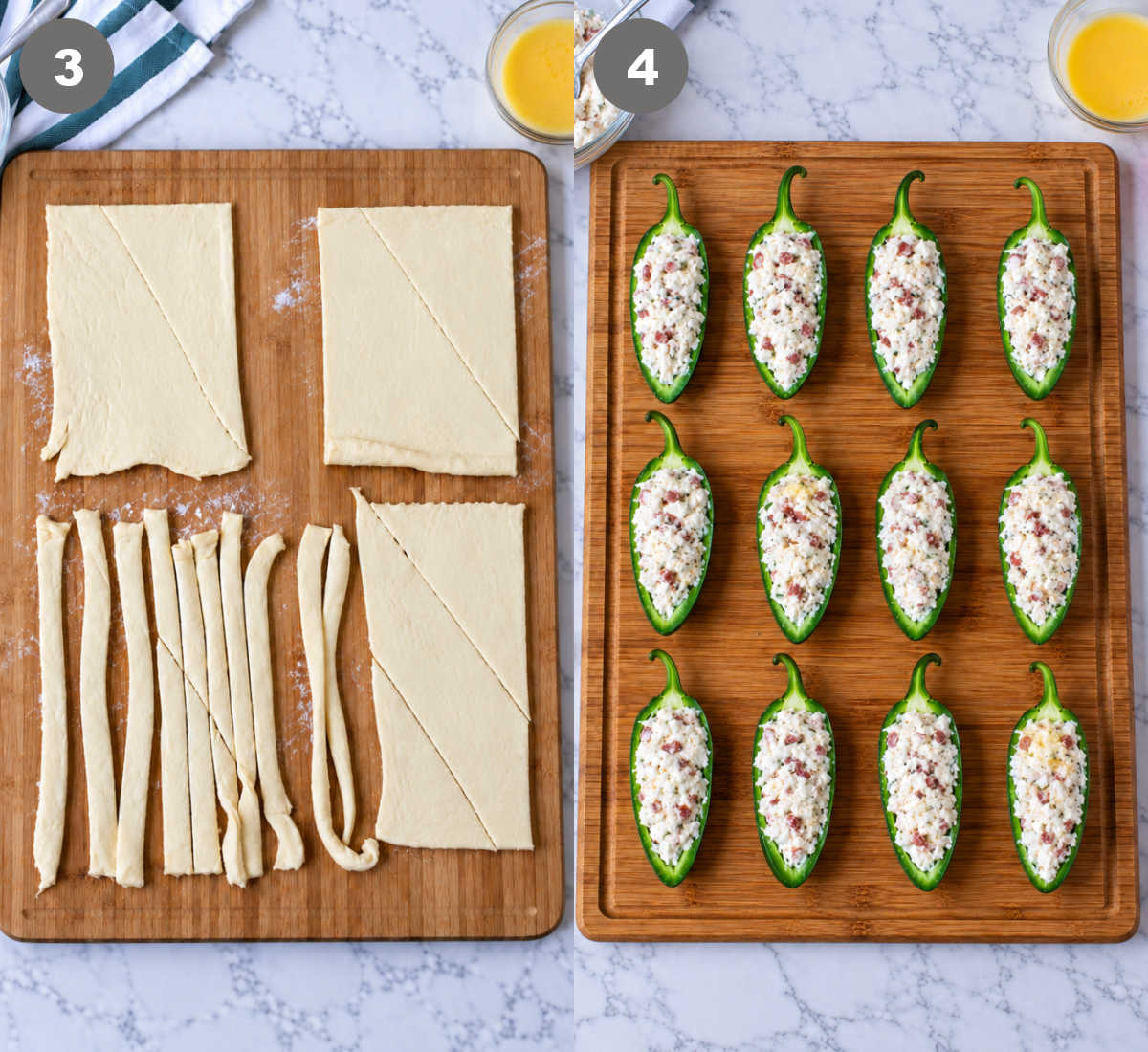 Crescent roll dough on a cutting board and cut into thin strips. And the filling added into the jalapenos.