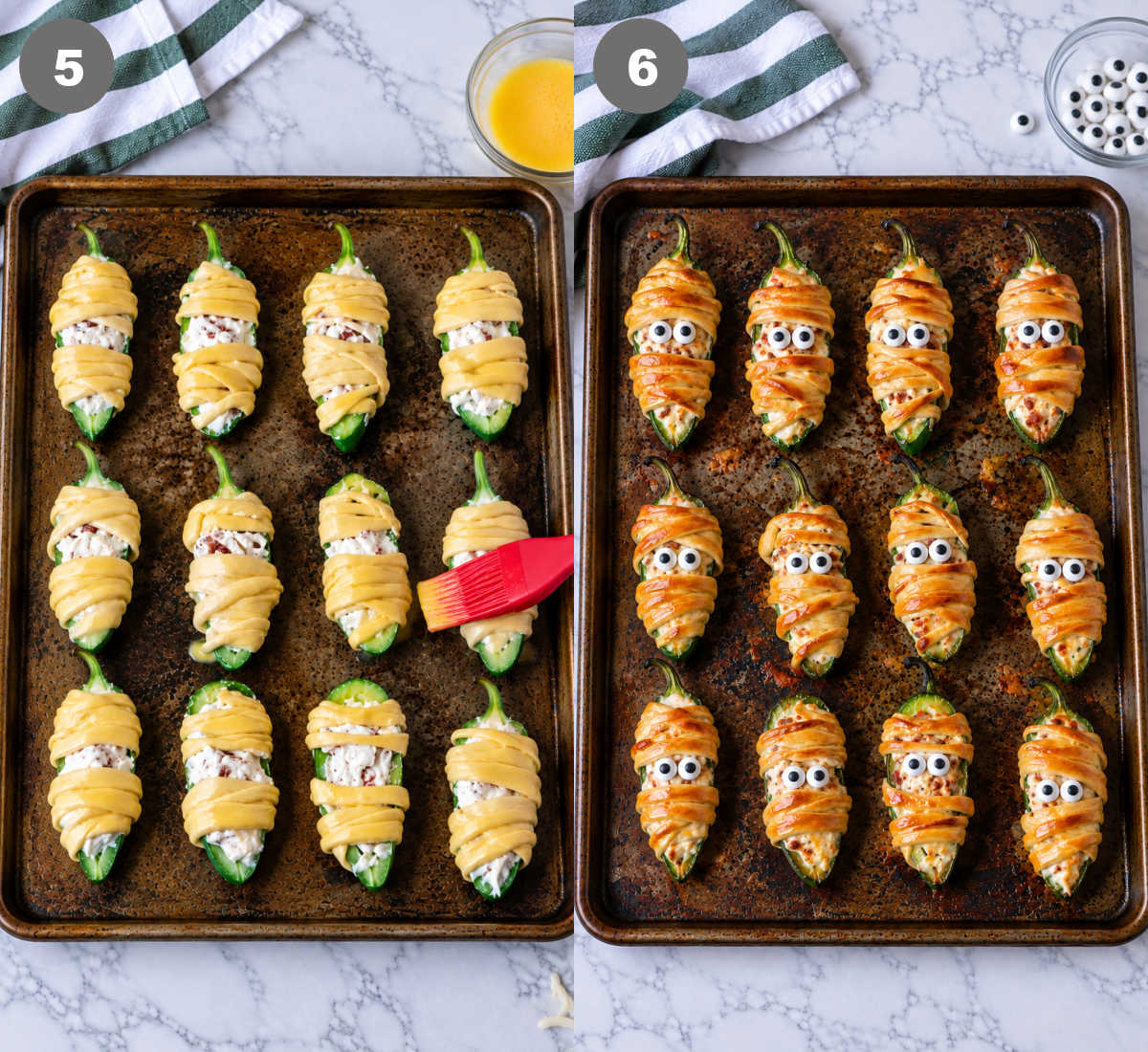 Wrapped mummies with eggwash being brushed on and baked with candy eyes added.