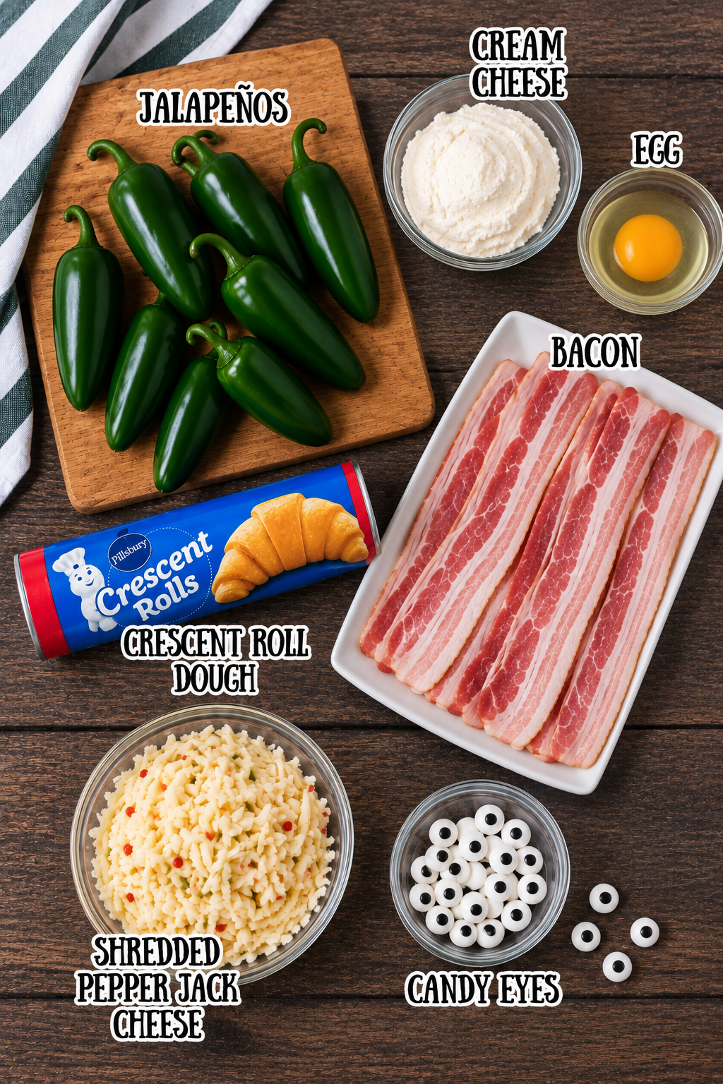 All of the ingredients needed for these bacon jalapeno mummies.