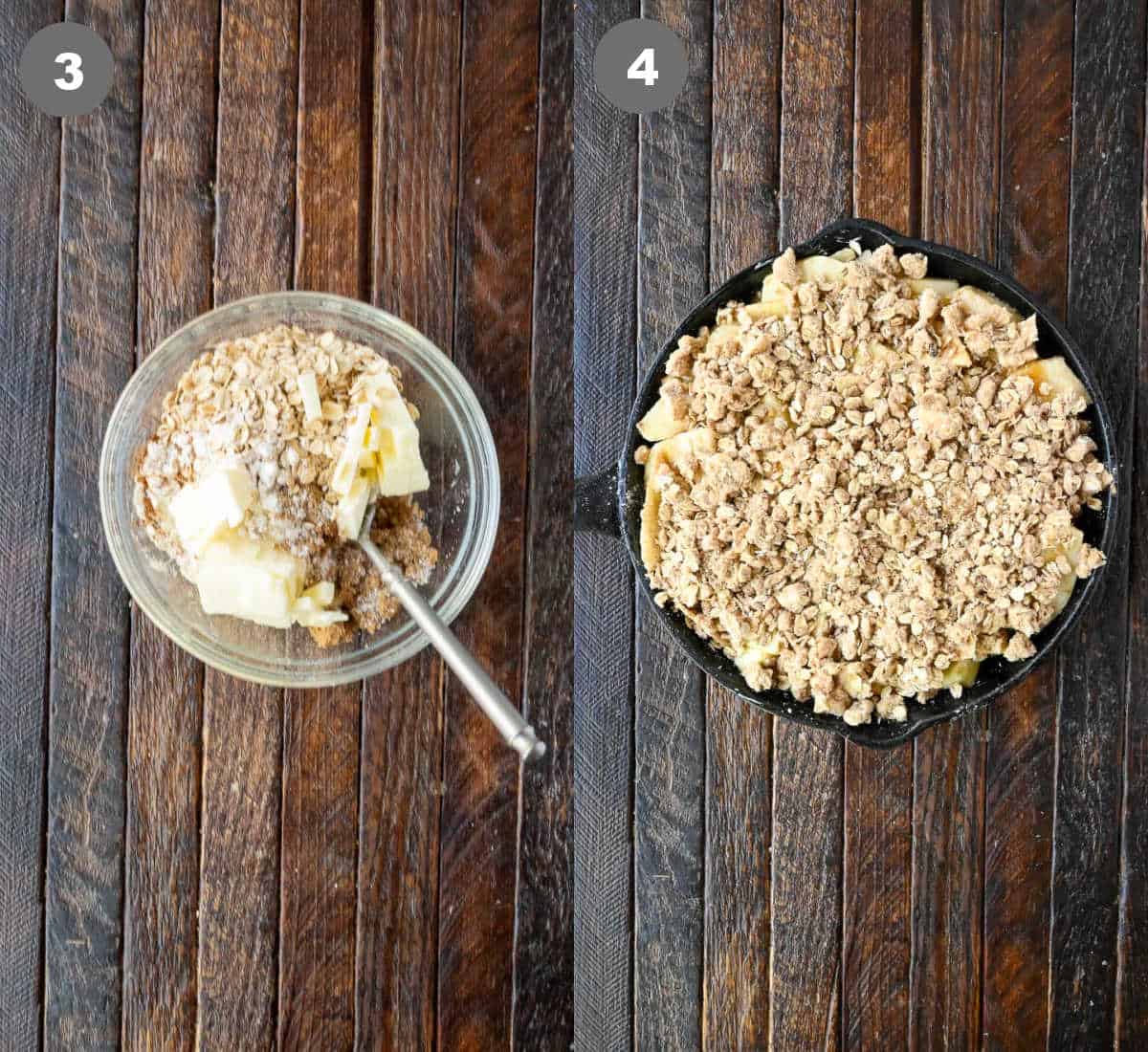 Crumble topping mixed together in a bowl then added to the apples.