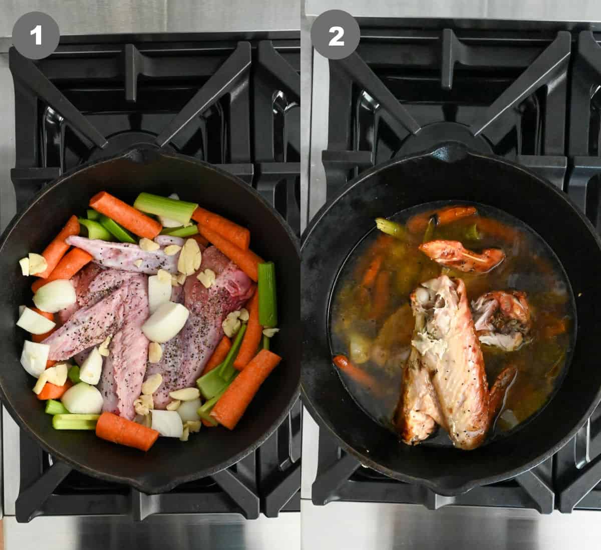 Turkey wings and vegetables placed in a dutch oven then water poured in to simmer.