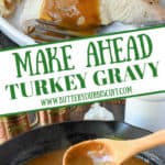 Sliced turkey with gravy poured on top Pinterest pin.