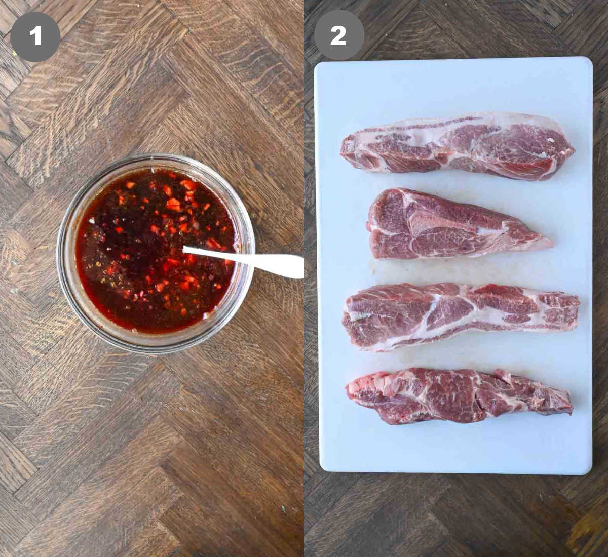 Marinade mixed in a bowl and pork cut into slices on a cutting board.