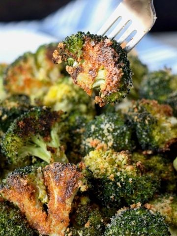 Parmesan roasted broccoli in a serving bowl