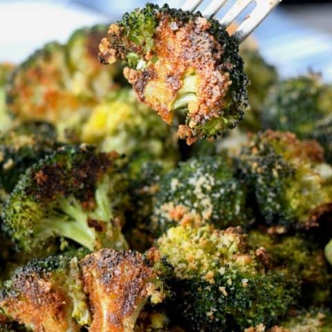 Parmesan roasted broccoli in a serving bowl