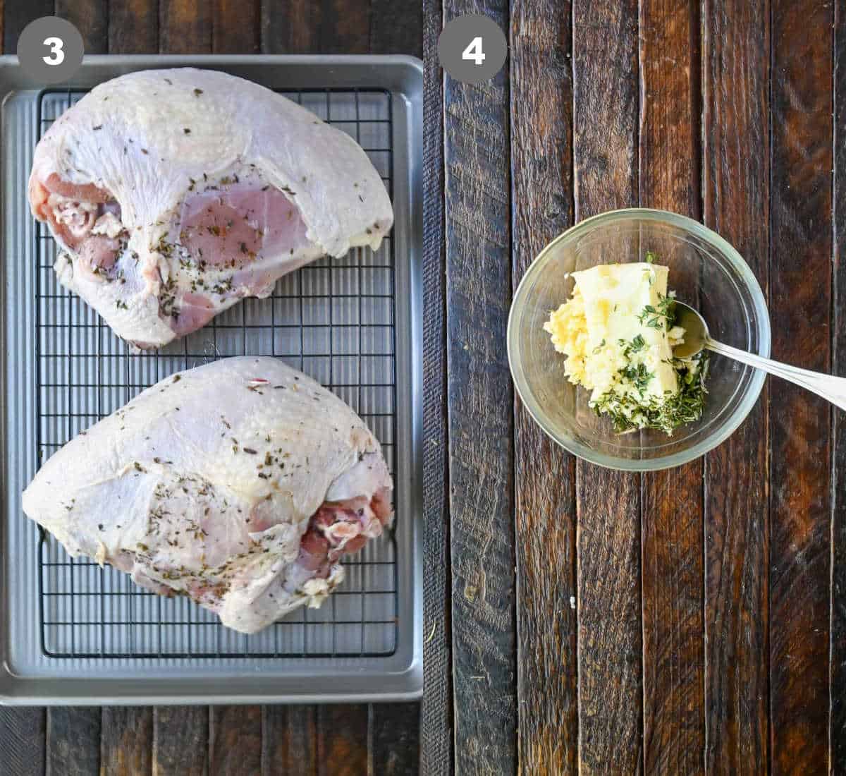 Raw turkey breast placed on a roasting pan and the garlic herb butter mixed together in a small bowl.