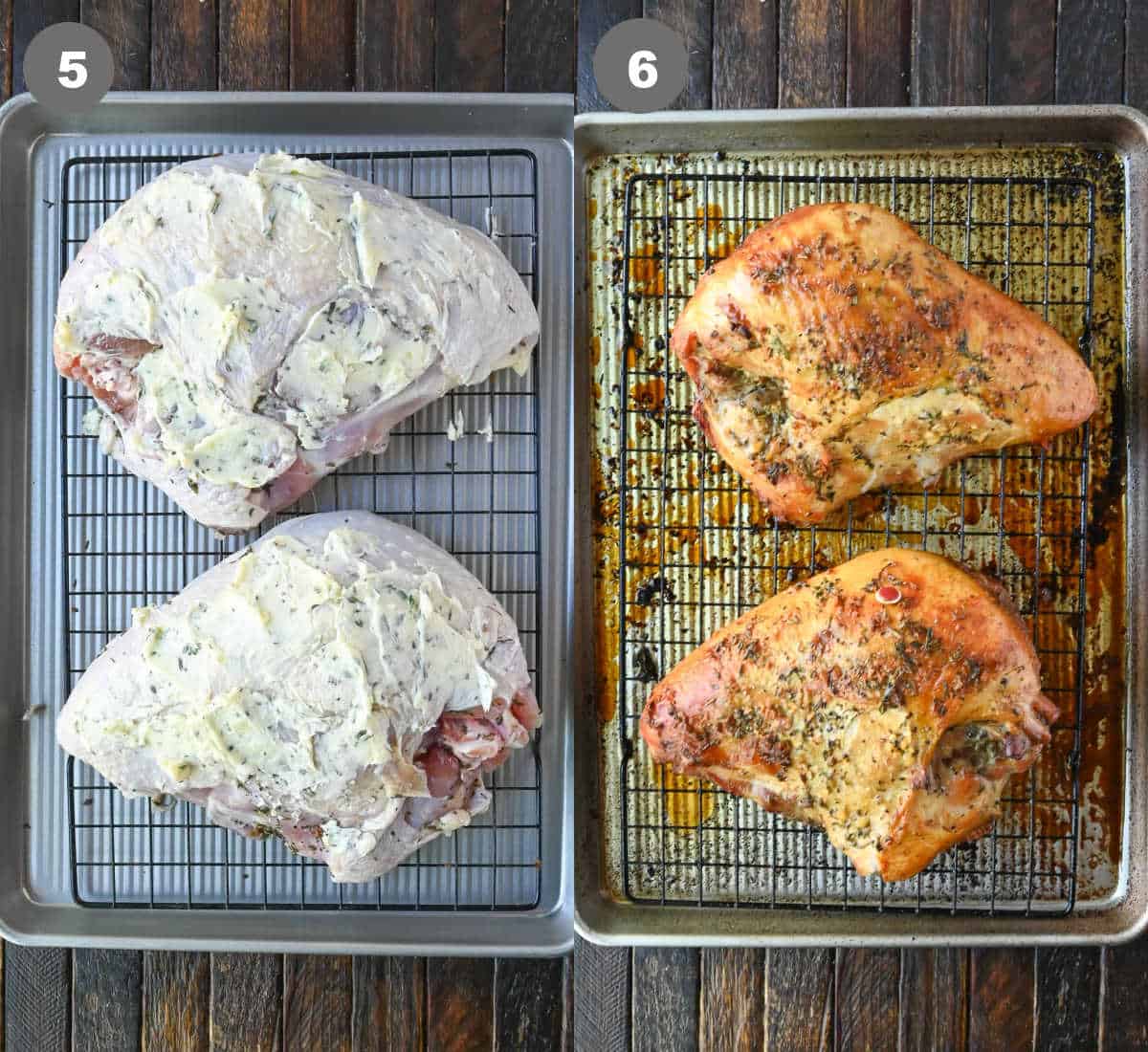 Turkey breast on a roasting pan with herb butter slathered on top and then roasted.