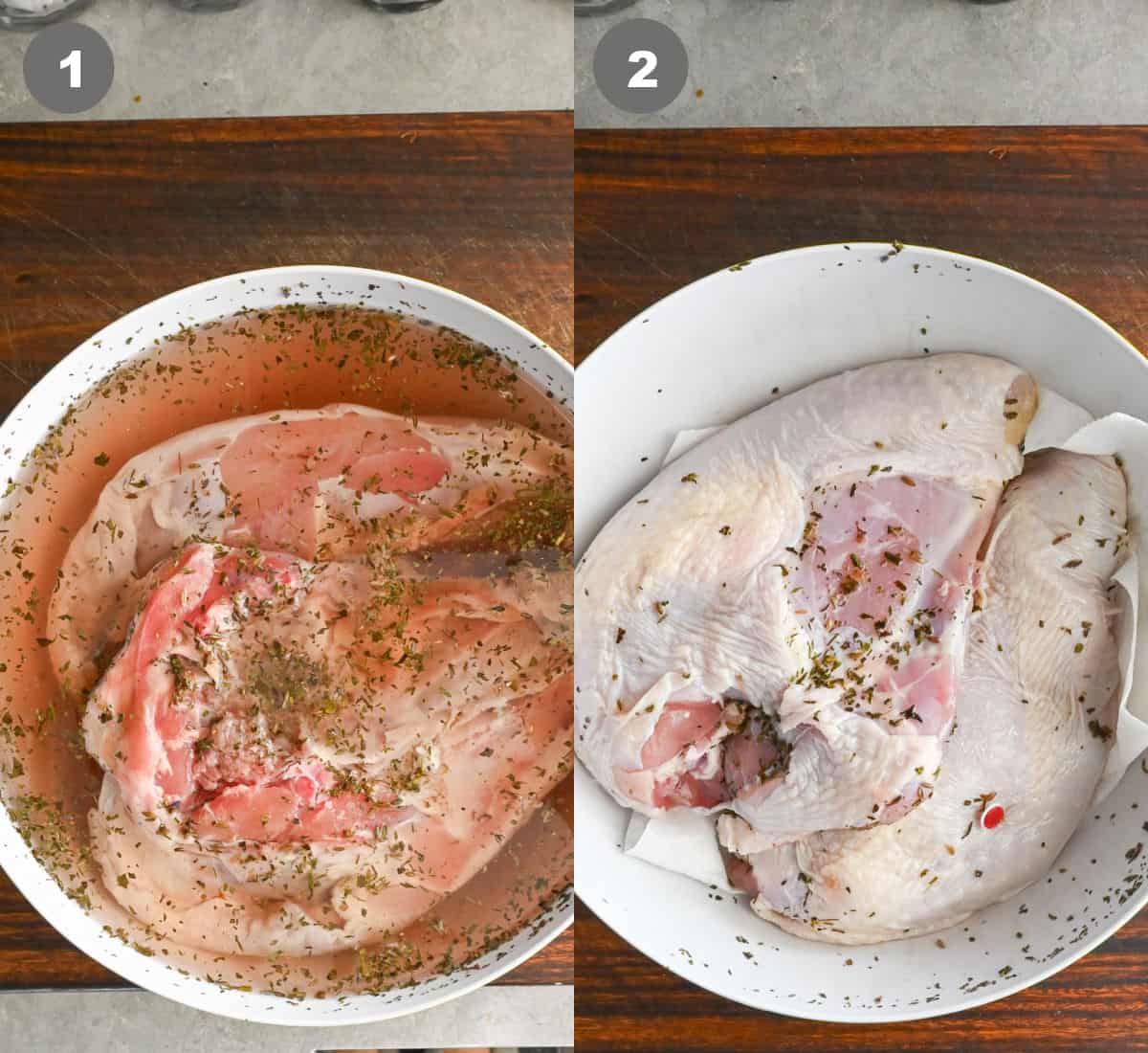 Turkey breast brined in a bowl with water, salt and sugar. then dried on a paper towel.