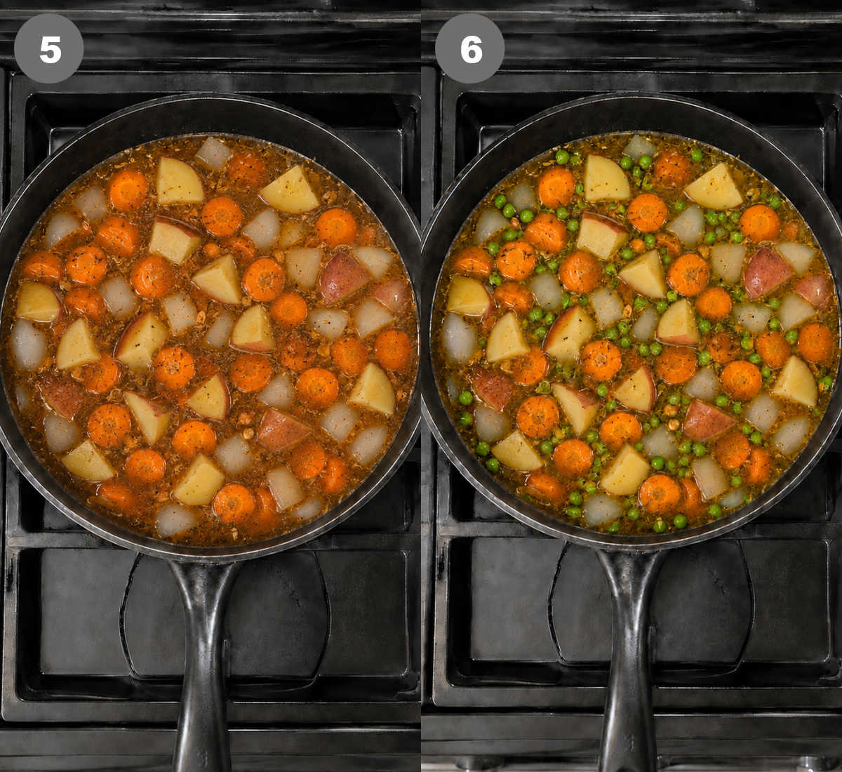 Chopped potatoes added to the stew along with peas.