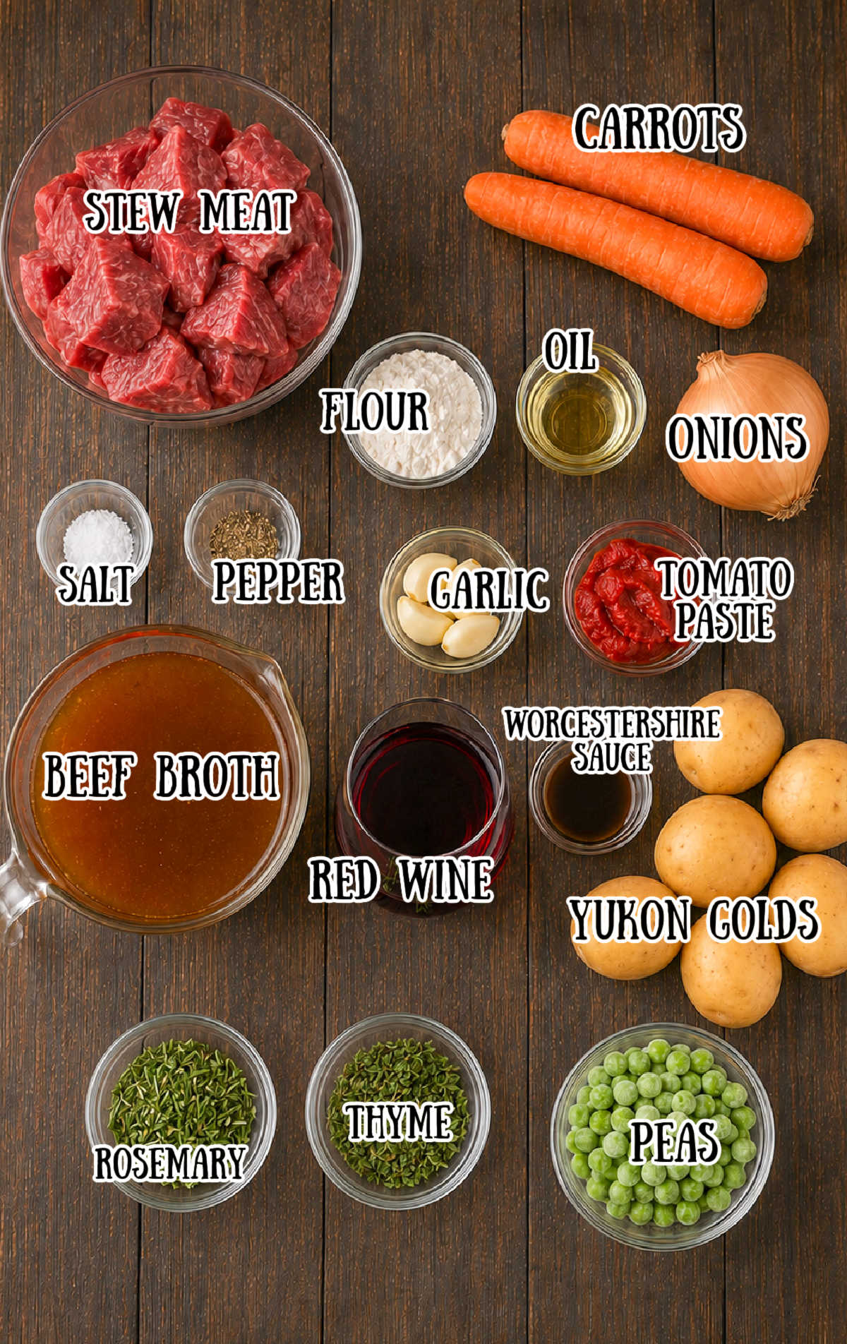 All of the ingredients needed for the beef stew.