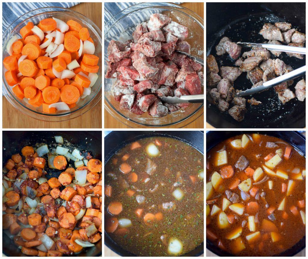 Six process photos. First one, chopped carrots and onions in a bowl. Second one, stew meat tossed in flour in a bowl. Third one, meat being browned in a cast iron pot. Fourth one, veggies and paste added to the pot. Fifth one, all the liquid added into the pot. Sixth one, stew all put together and simmering in a pot.