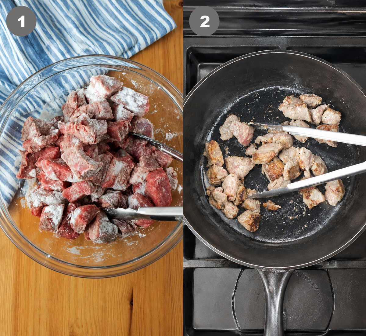 Stew meat tossed in a bowl with flour and seared in a skillet.