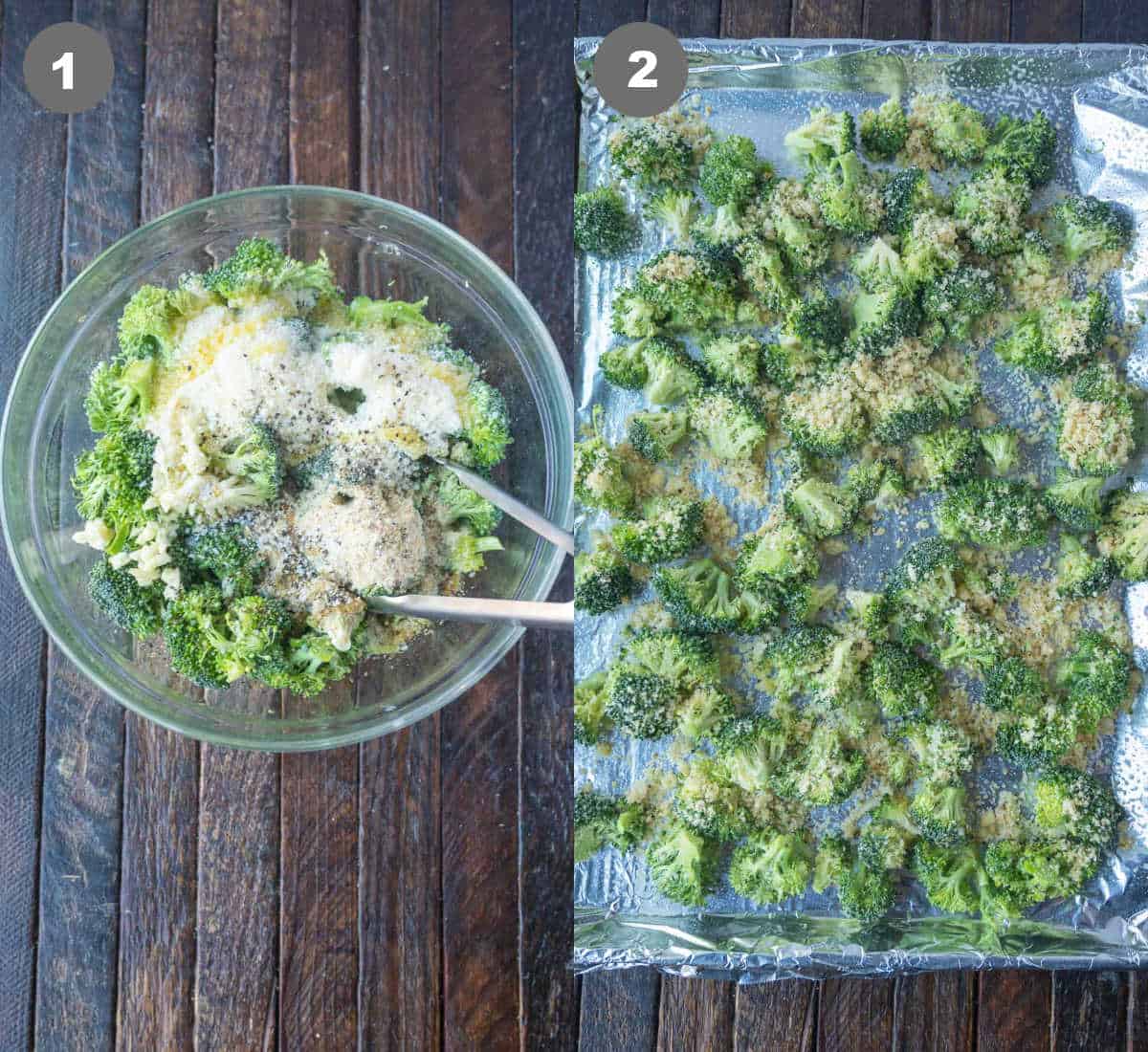 Broccoli florets in a bowl with all the seasonings, tossed then placed on a baking sheet.