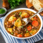 A bowl of hearty beef stew with a spoon scooping up a bite.