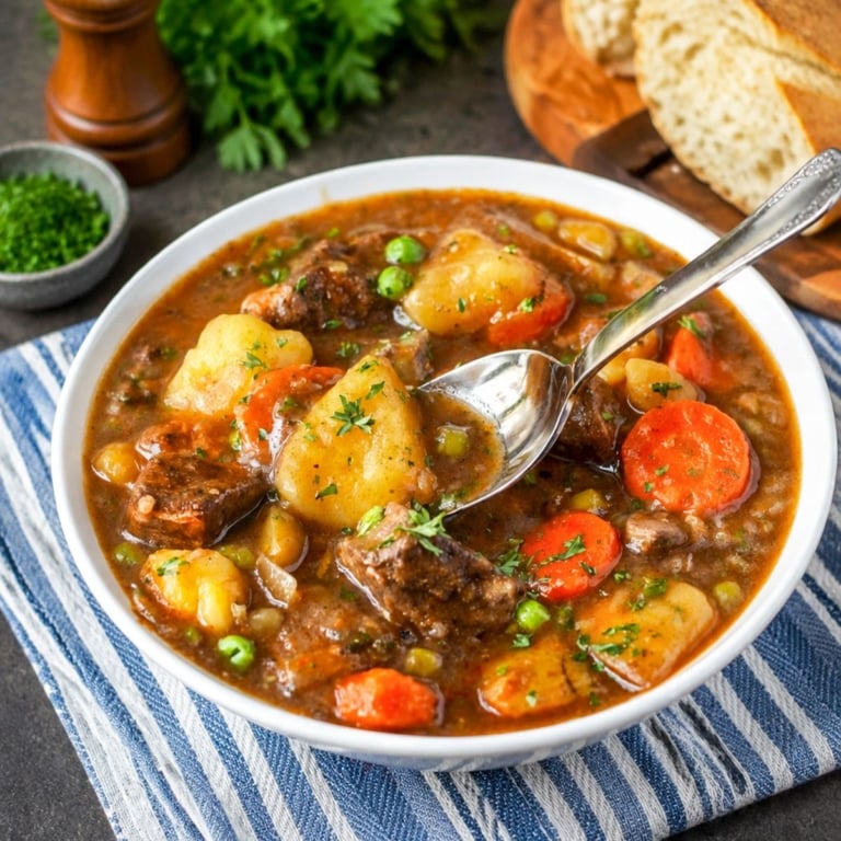 A bowl of hearty beef stew with a spoon scooping up a bite.