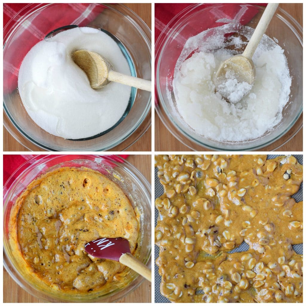 Four process photos. First one is a bowl of granulated sugar. Second one, sugar and corn syrup. Third one heats liquid with the jlast ingredients added. Fourth one peanut brittle spread on a prepared baking sheet.
