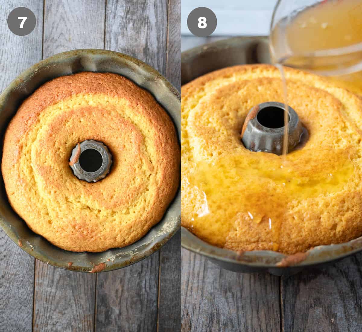 A bundt cake in a bundt pan and rum syrup being poured on top.