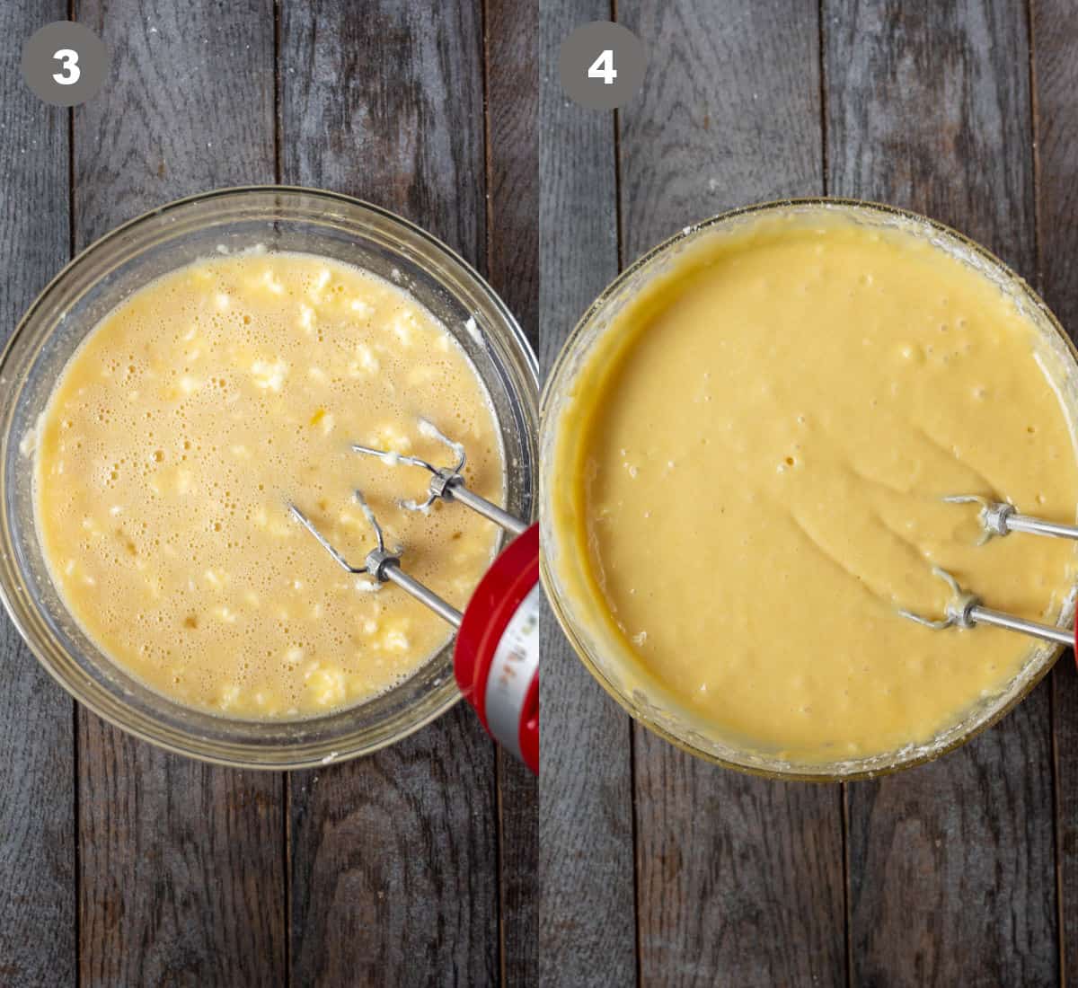 Cake batter being whicked together in a bowl.