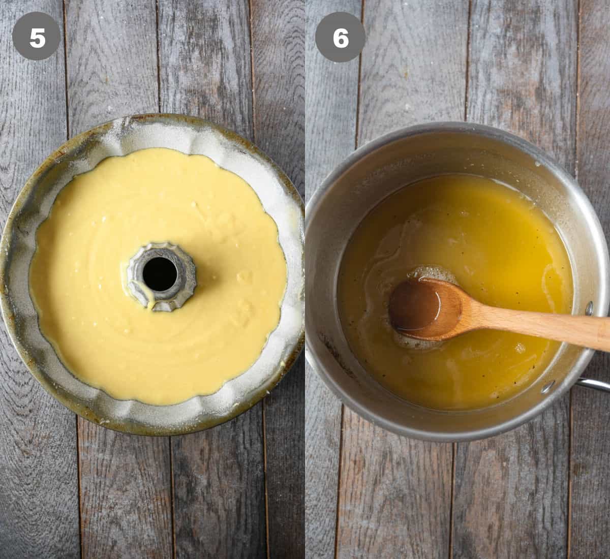 Batter poured into a bundt pan and a saucepan with the simmering rum glaze.