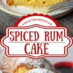 A slice of spiced rum cake being cut and placed on a plate pinterest pin.