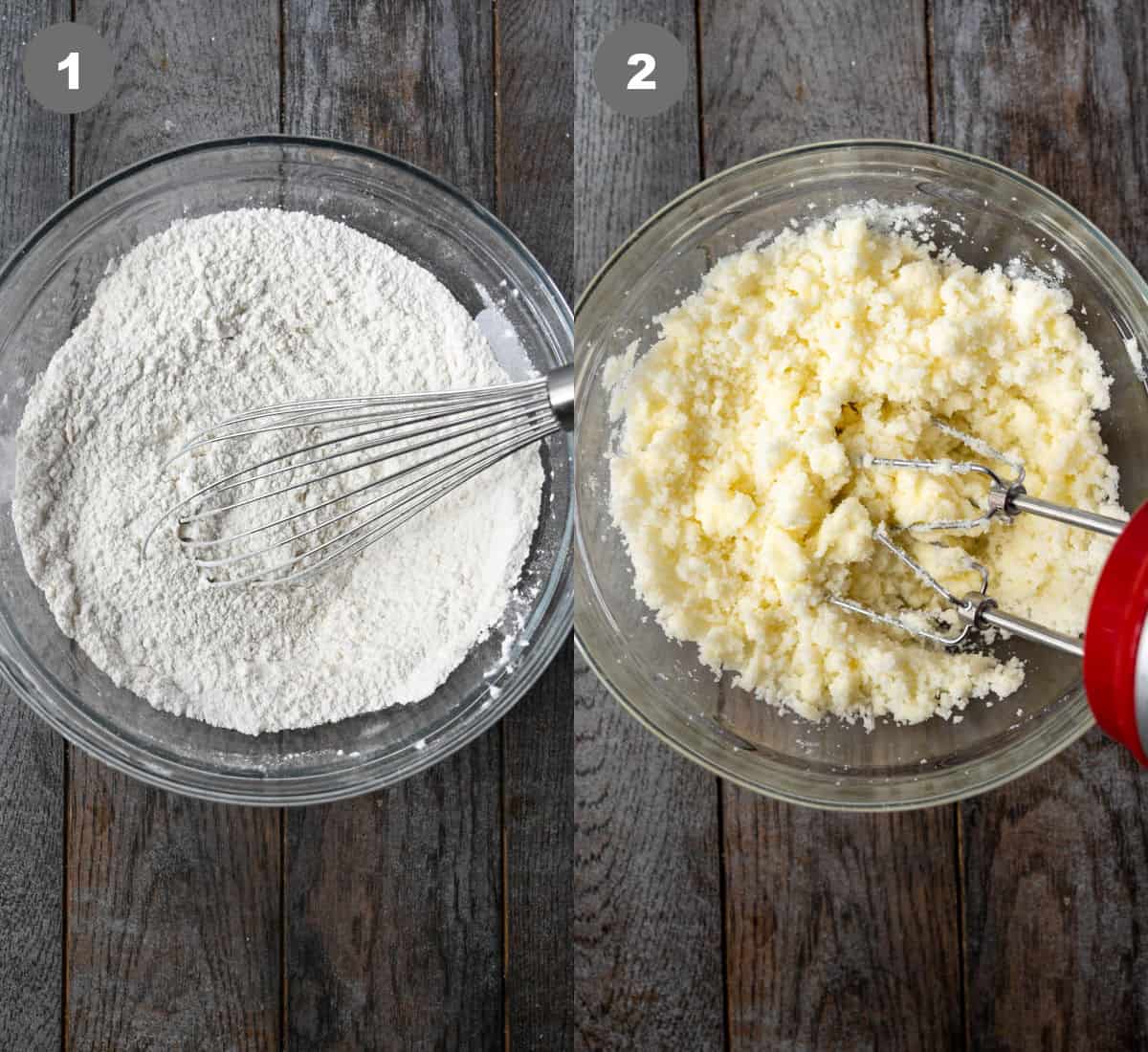 Dry ingredients in a bowl and the butter and sugar creamed in another bowl.