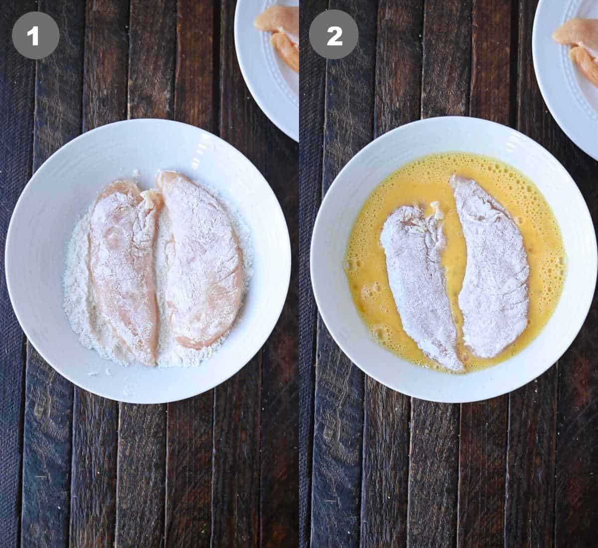Chicken tenders placed in flour then placed in an egg mixture.