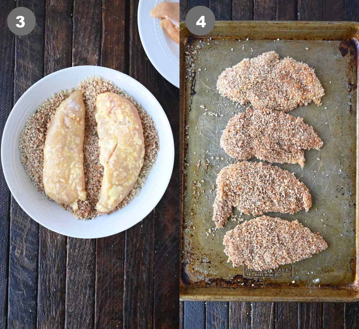 Chicken cutlets placed in a breading mixture and pressed into cutlets.