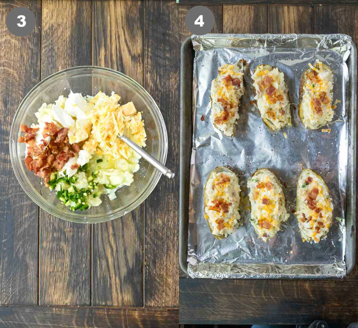 Twice baked potato filling mixed in a bowl then put into empty potato skins.
