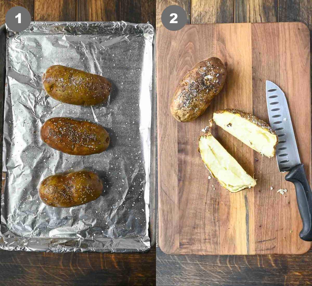 Potatoes on a baking sheet then cut in half.