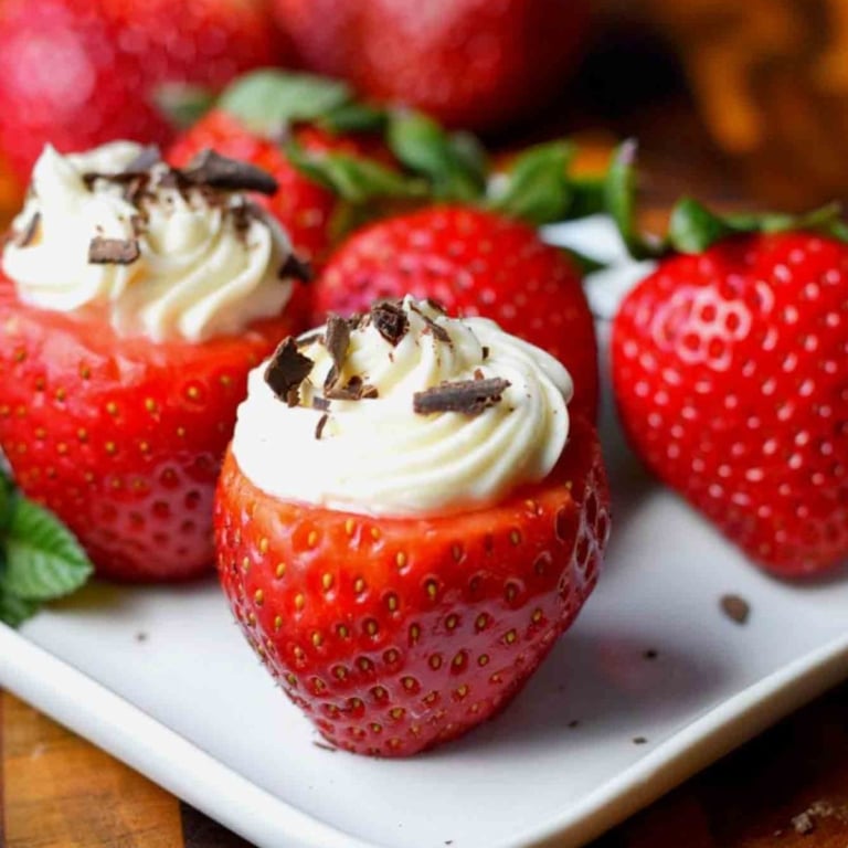 Cheesecake stuffed strawberries on a white plate.