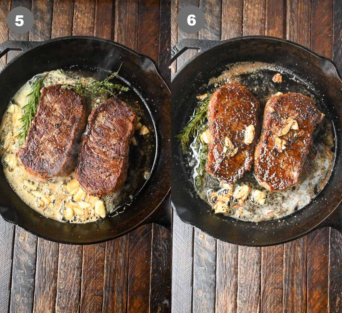 Rib eye steaks cooked in a skillet with garlic butter.