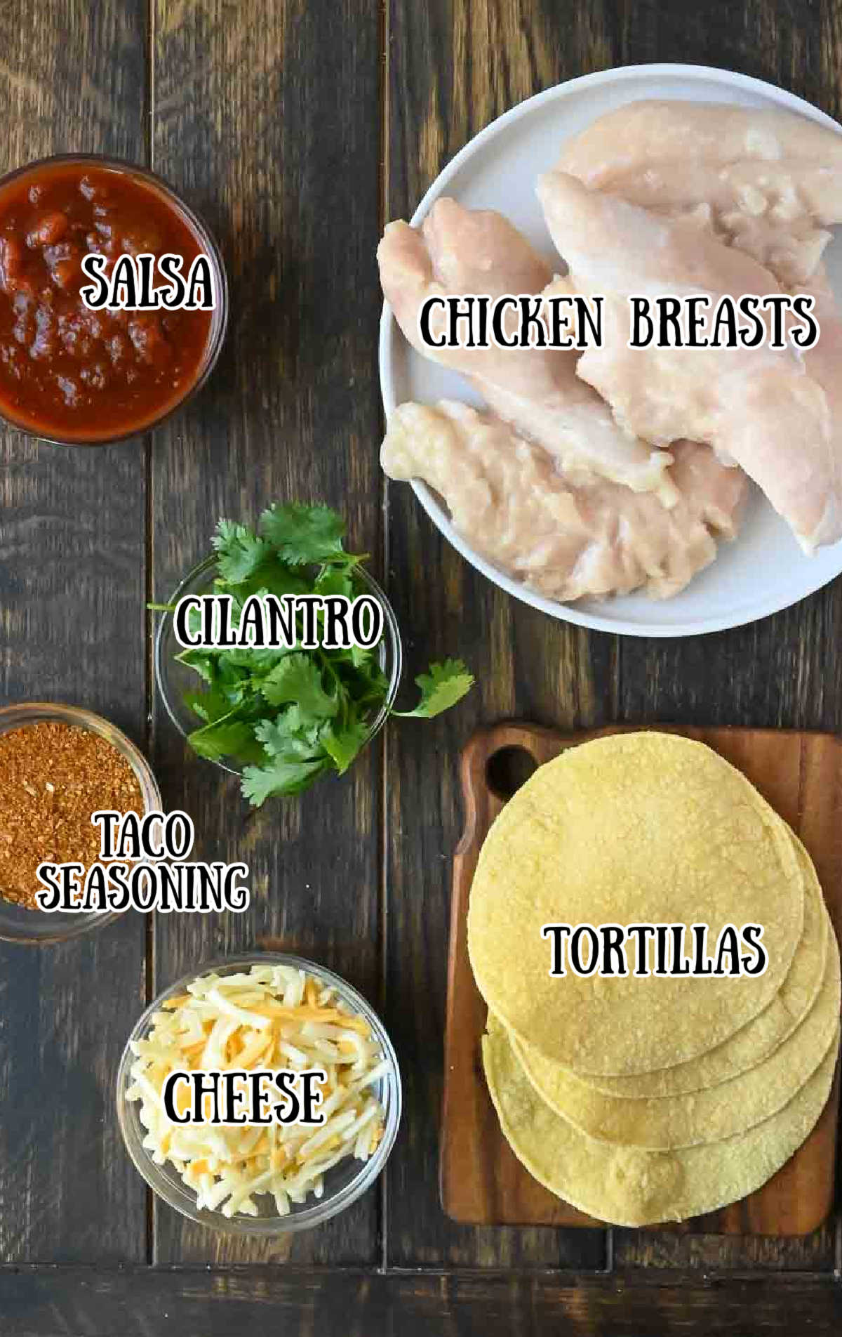 All the ingredients needed for these salsa chicken tacos.