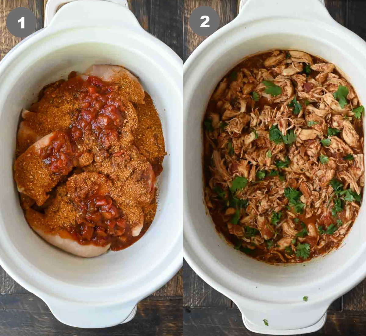 Chicken in a slow cooker with salsa added.
