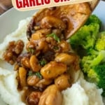 Honey butter garlic chicken on top of mashed potatoes with broccoli pinterest pin.