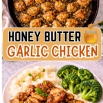 Honey garlic butter chicken in a skillet and on a plate PIN.