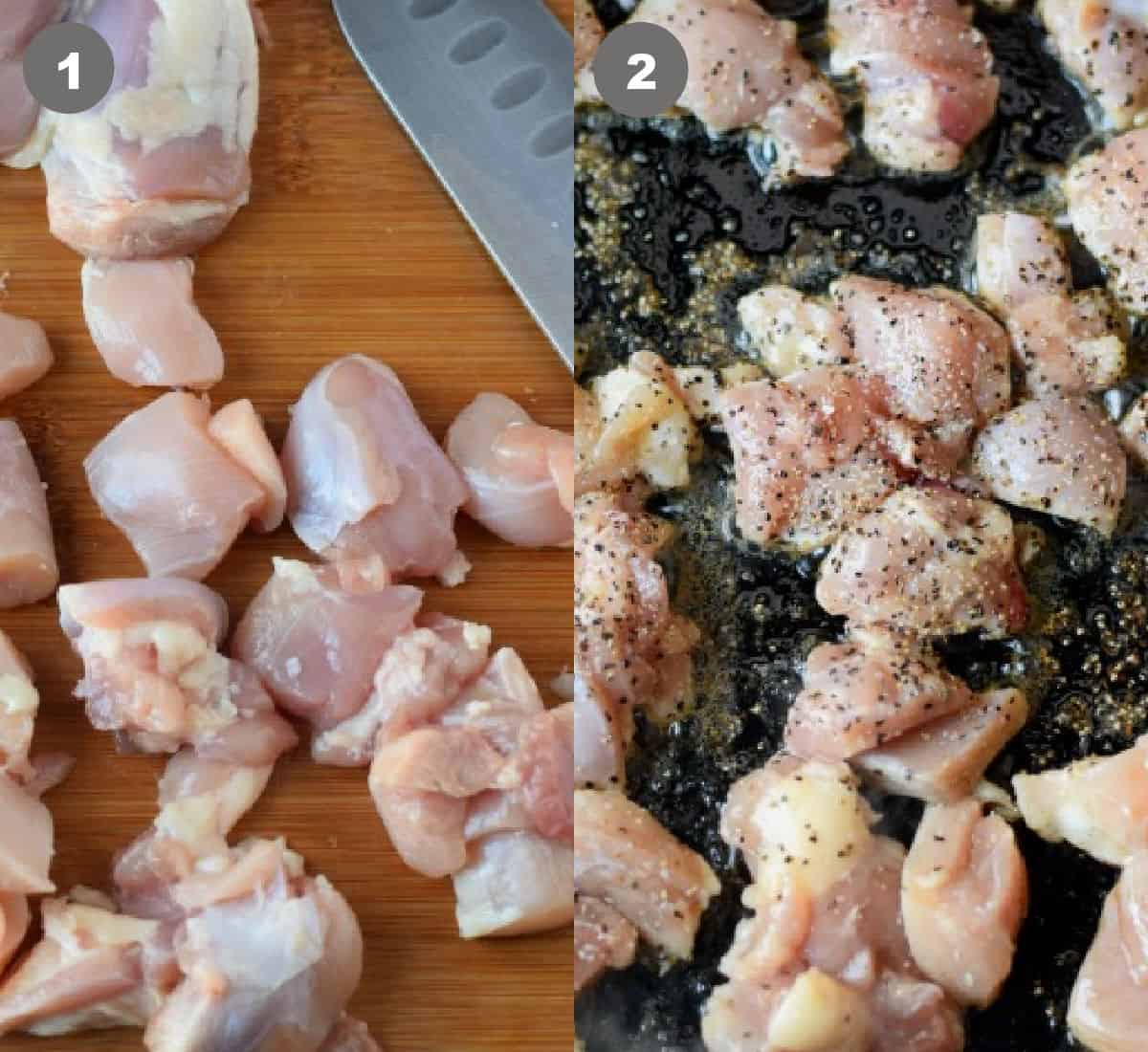 Chopped pieces of chicken thighs then sauteed in a hot skillet.