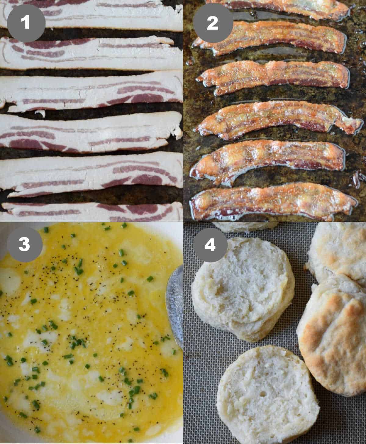 Raw bacon on a baking sheet and cooked. Eggs placed in a pan and scrambled with a side of biscuits.