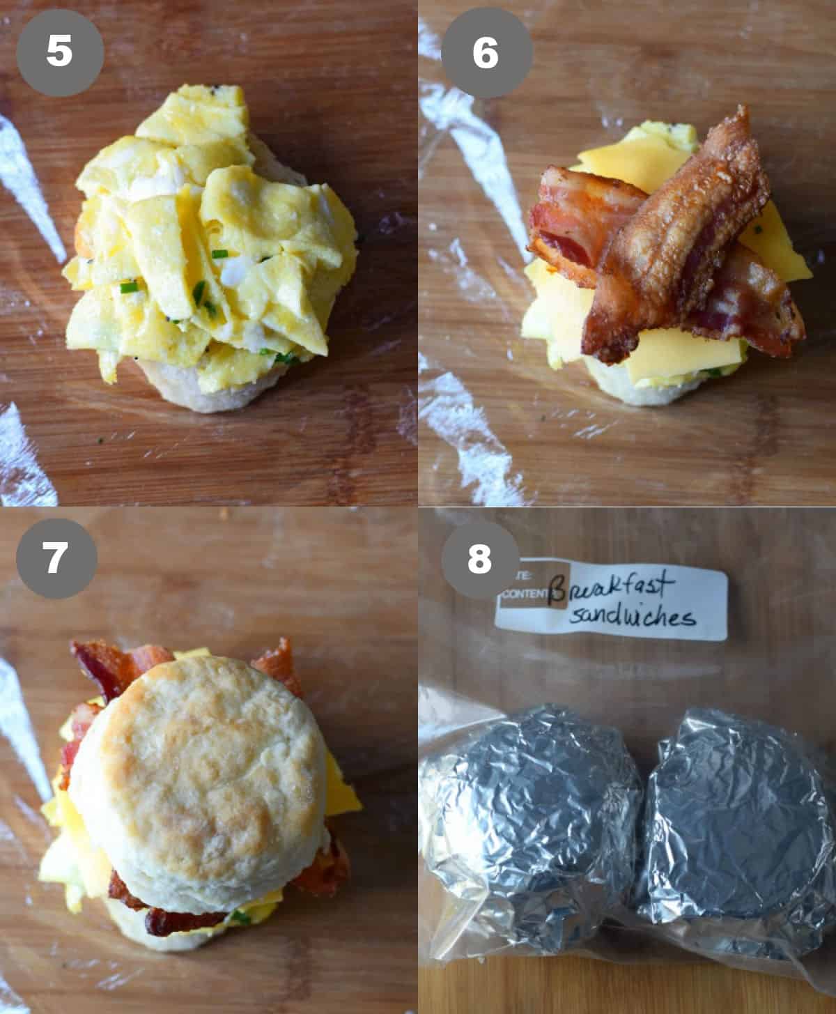 Scrambled eggs placed on a biscuit with cooked bacon and wrapped in foil and ready for the freezer.