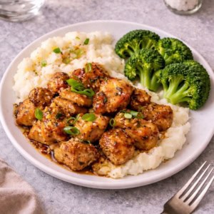 Honey butter garlic chicken on top of mashed potatoes with broccoli.