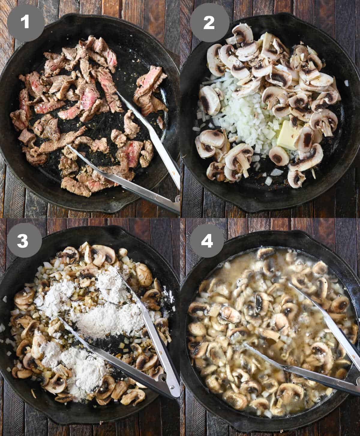 Beef cooked in a skillet, followed by the remaining ingredients to simmer.