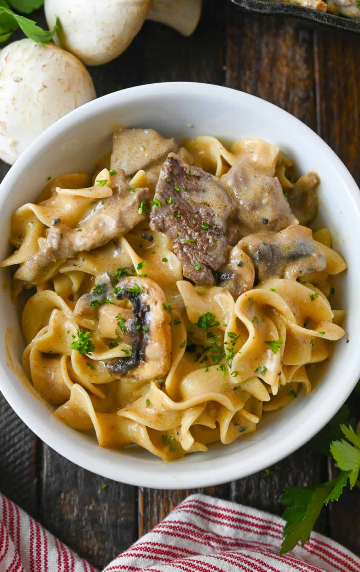 A bowl of beef stroganoff.
