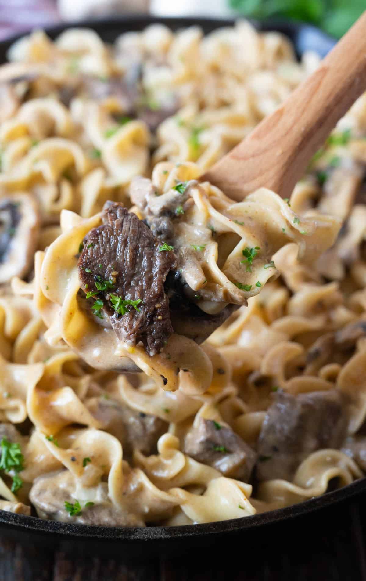 A wooden spoon scooping up a serving of beef stroganoff.