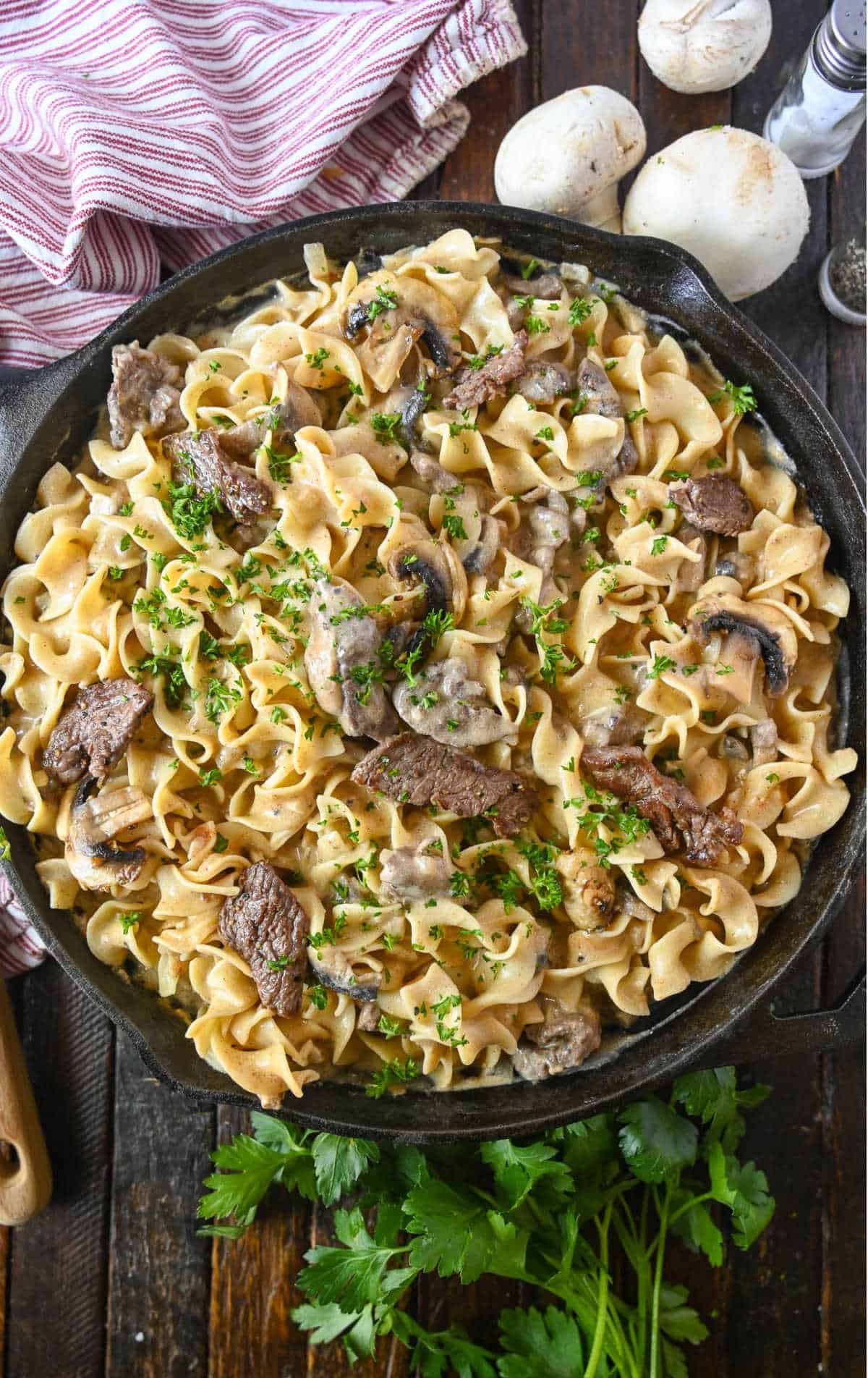 Beef stroganoff in a cast iron skillet.