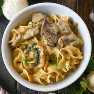 A bowl of beef stroganoff.